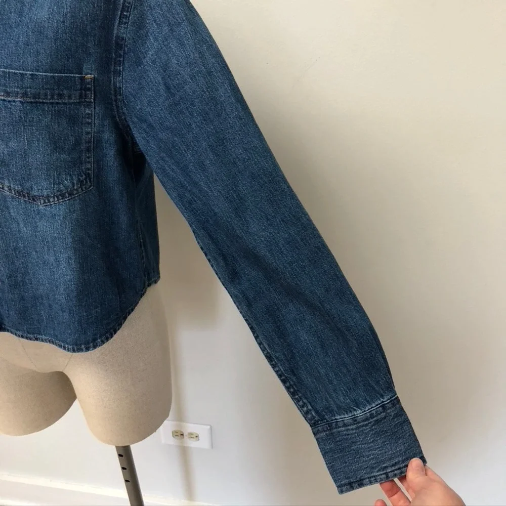 Denim Forum Button Down Shirt Womens XS Blue Cotton Hemp Cropped Long Sleeve - Picture 5 of 11